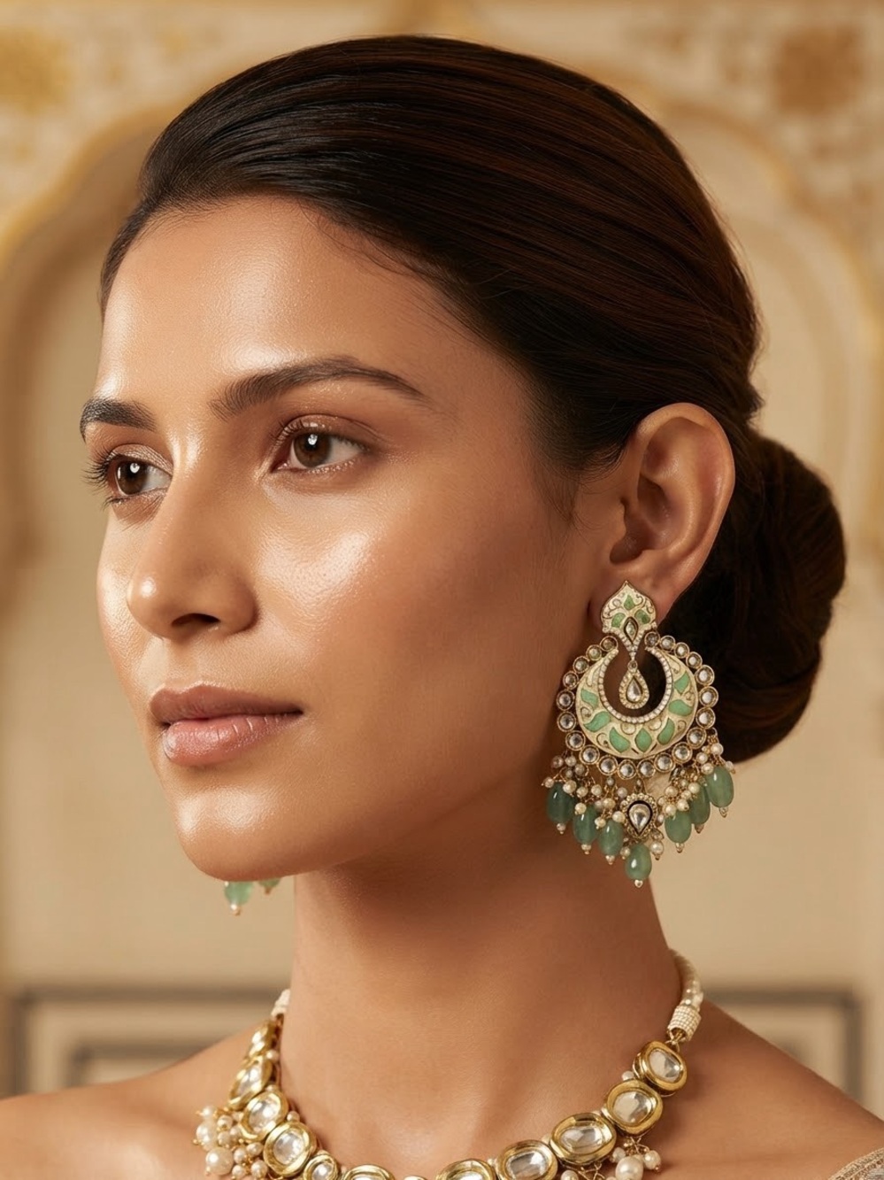 Elegant Gold and Green Chandbali Earrings - Women's Jewelry
